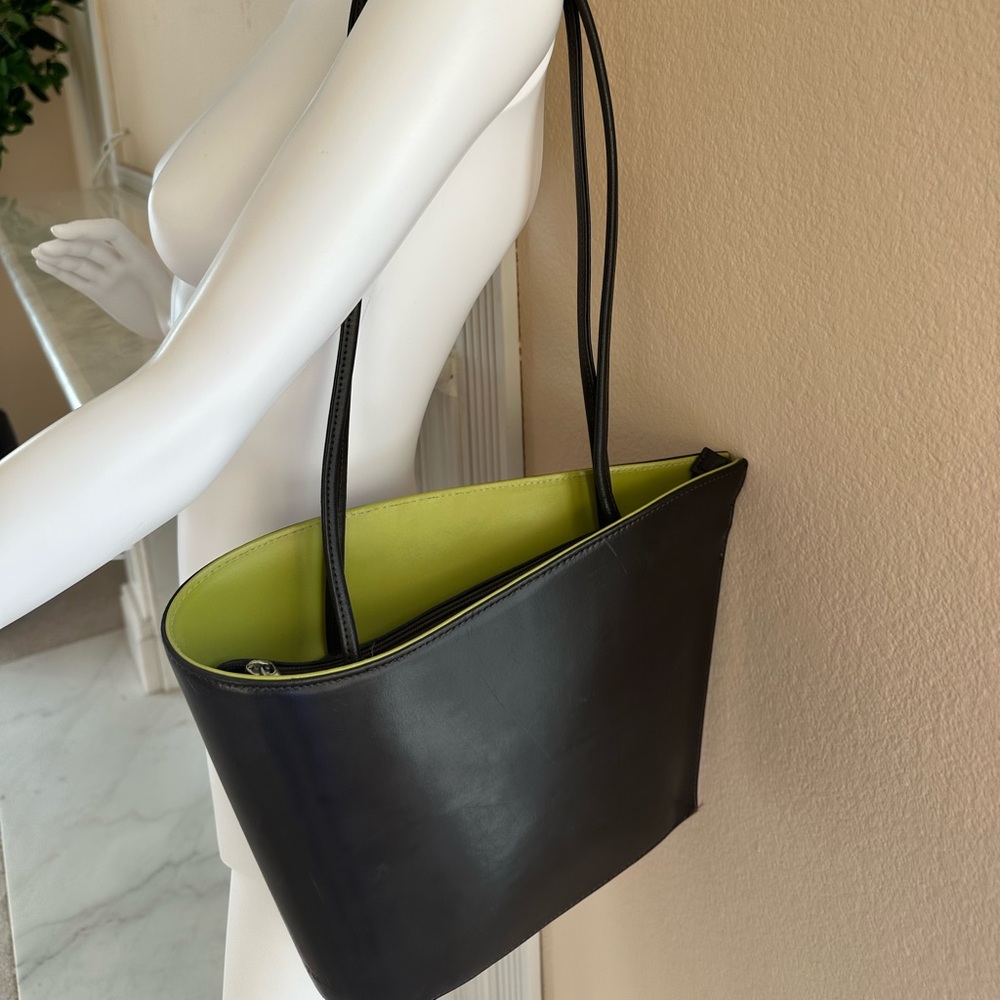 Tiffany & Fred Paris Dark Brown Leather Tote Bag Green Interior - Picture 11 of 12